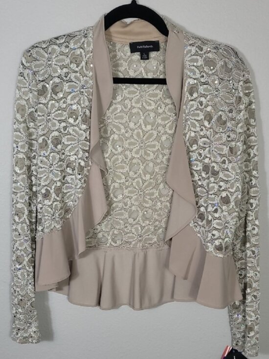 NWT R&M Richards Lace Open Cardigan Bolero Size L Sheer Mesh Floral Ivory Ruffle - Picture 1 of 14